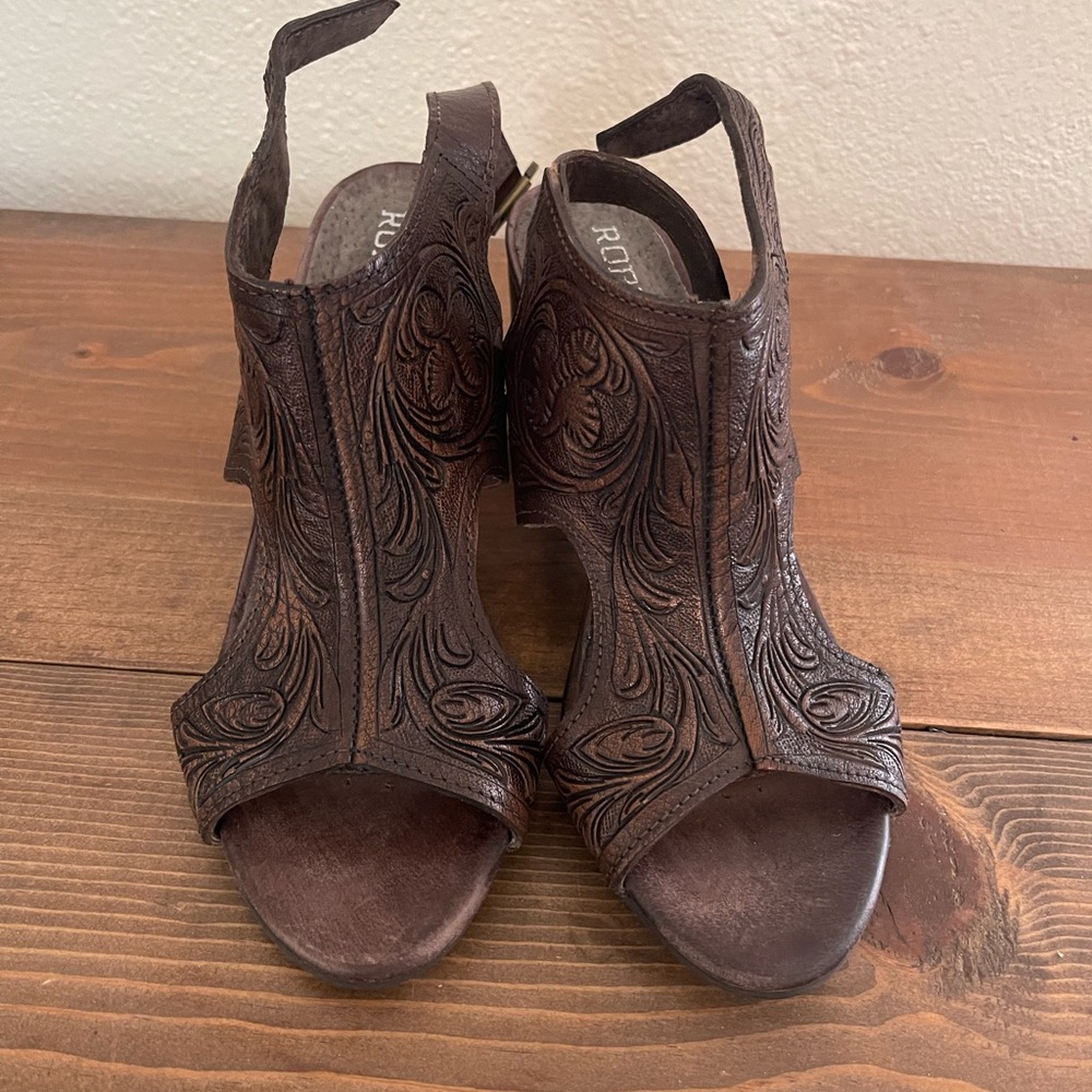Roper tooled leather strappy heels